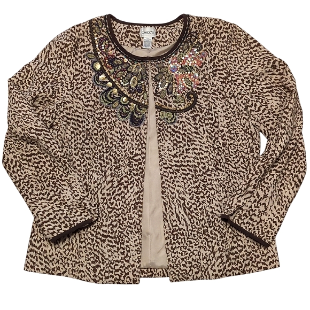 Chico's Leopard Print Suede Blazer Jacket With Beaded Sequins Detail - Women's 2